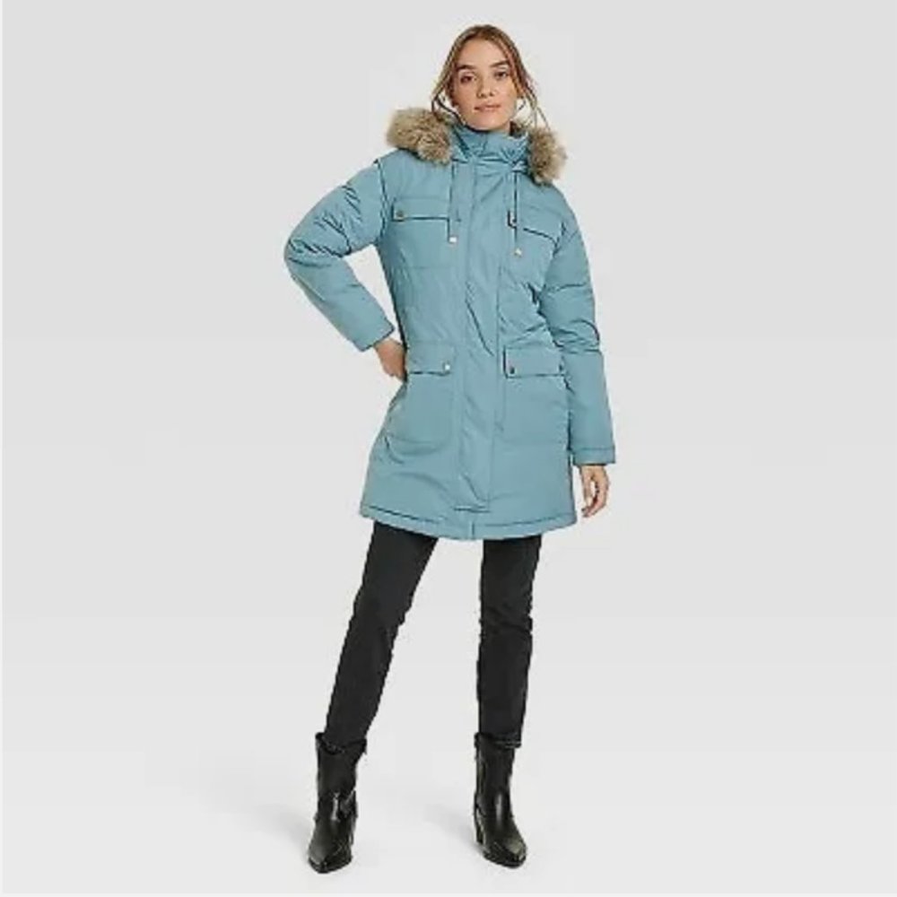 Universal Thread Light Blue Hooded Parka with Faux Fur Trim